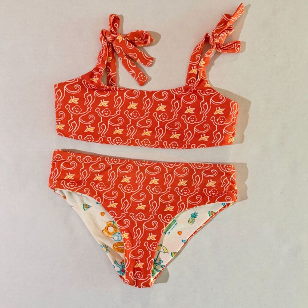 Roller Rabbit, Girl's Orange White Vacation Monkey 2 Pieces Swimsuit